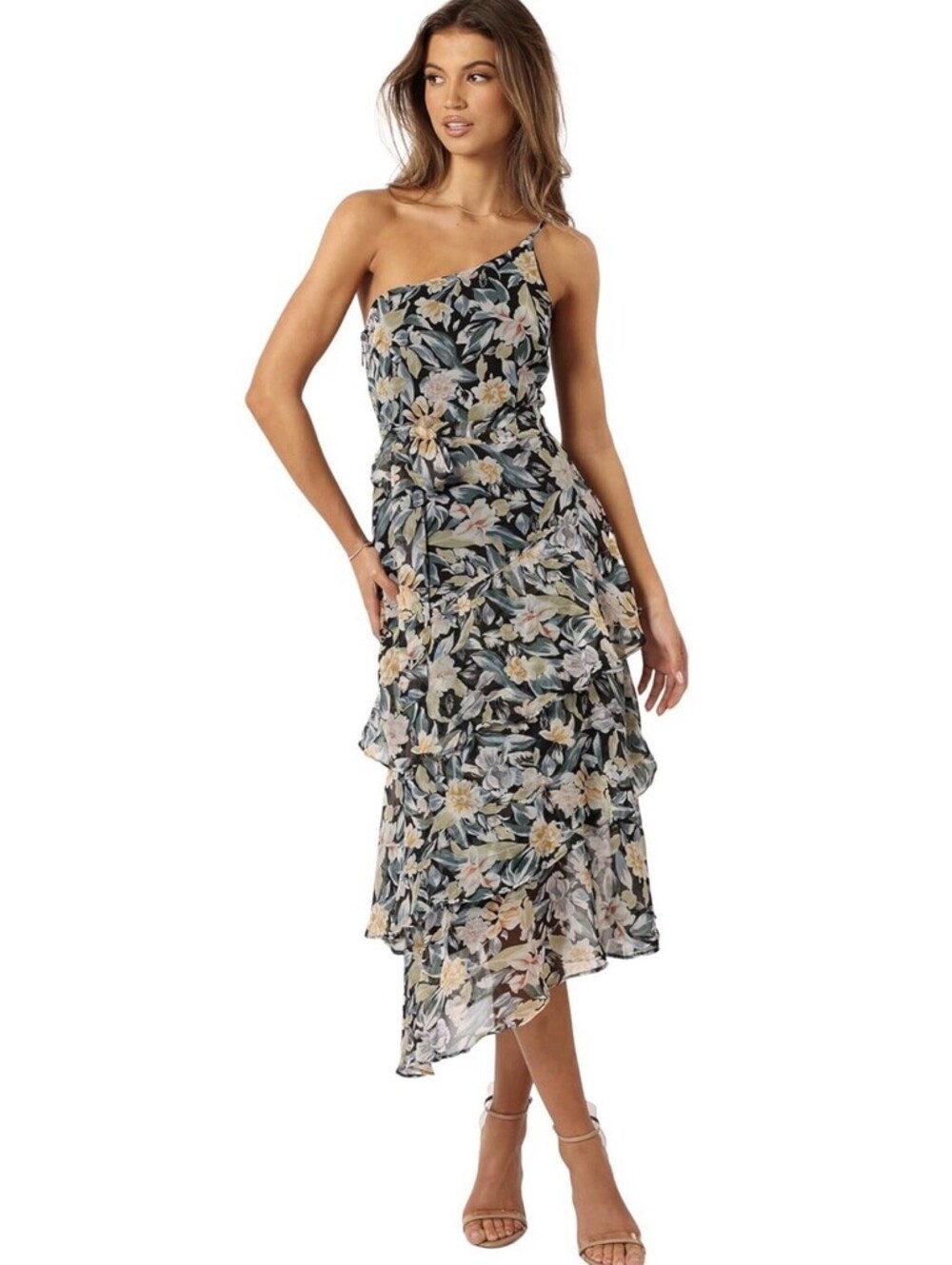 Petal & Pup Amren Dress Midi One Shoulder Loose Fit Floral Ruffles Size 14 NWT